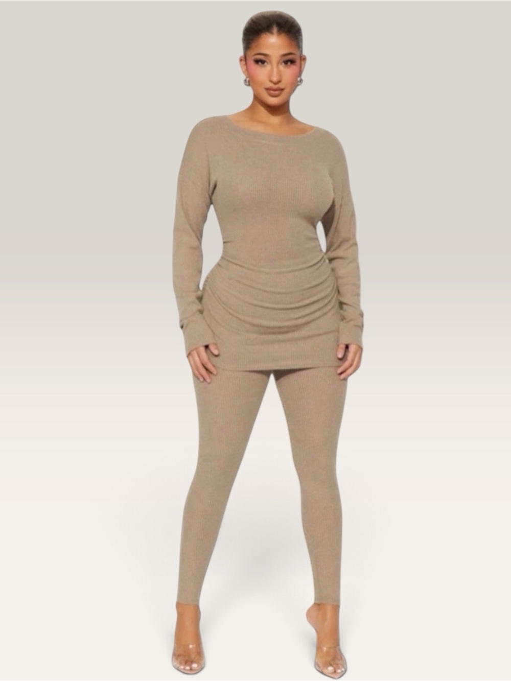 Fashion Nova Watch Me Ruched Ribbed Legging Set Camel 1X NWT